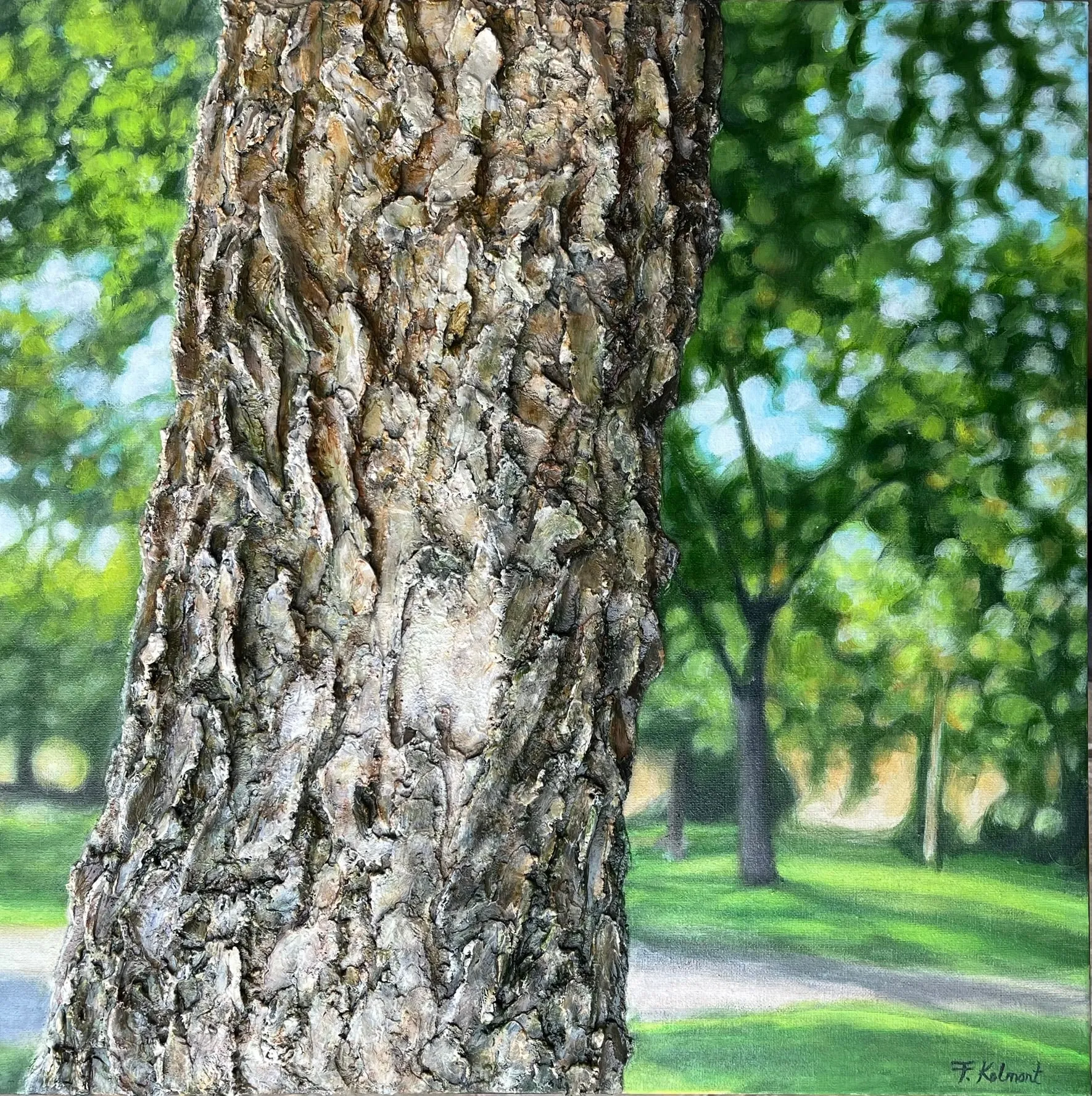 In The Park, acrylic and mixed media painting by Fruzsina Kolmont