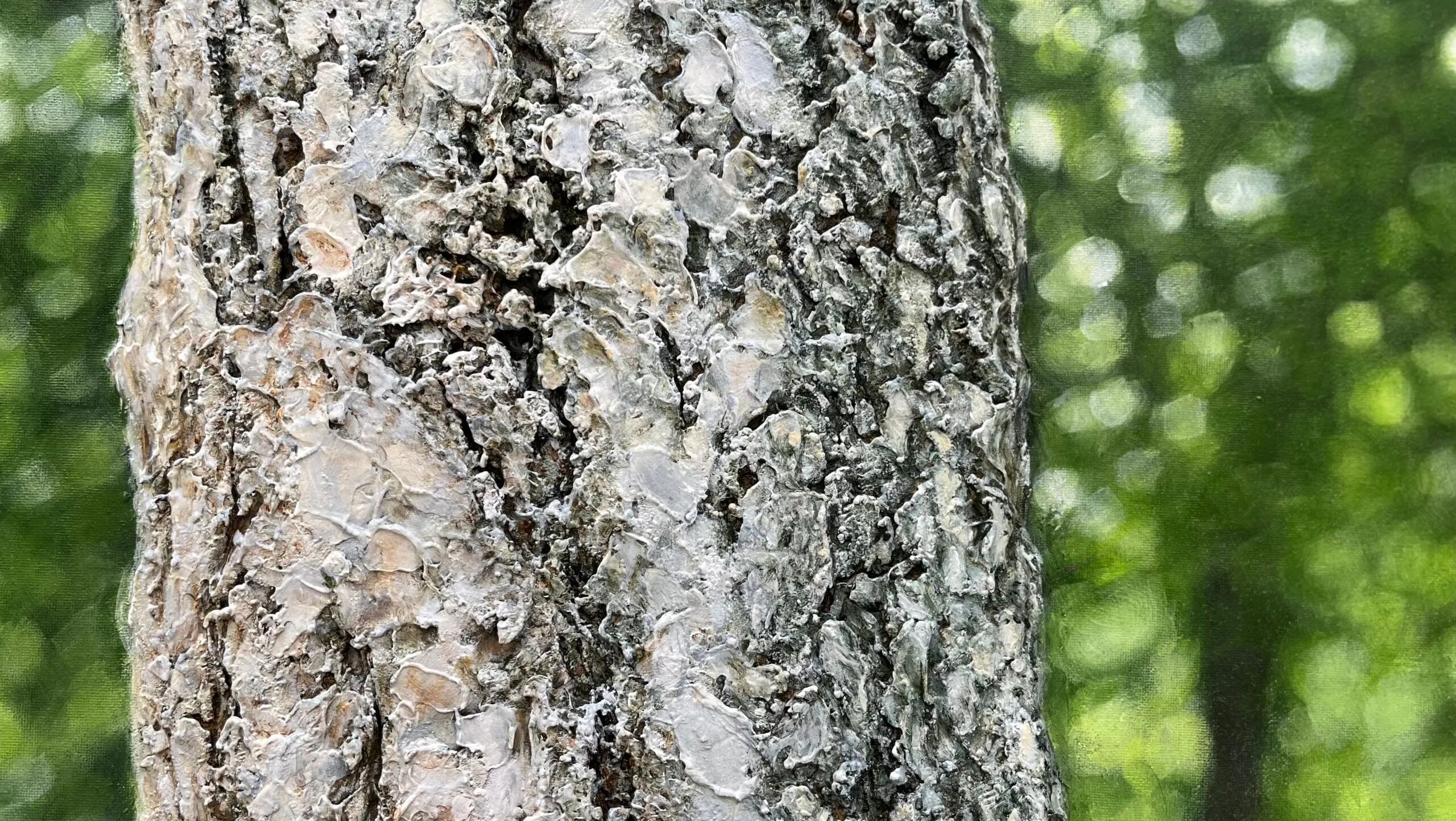 Detail of a textured bas-relief tree trunk painted by Fruzsina Kolmont, against blurred green foliage